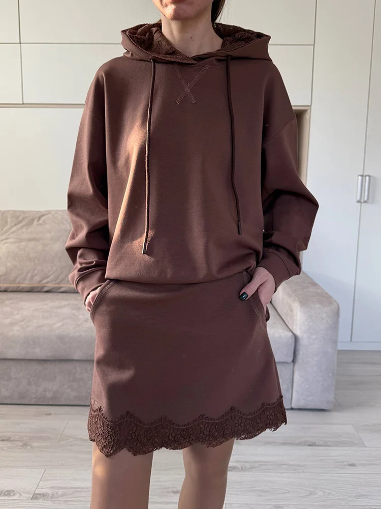 Streamgirl Brown Hoodies With Lace Women Oversize Plain Spring Elegant Butter Yellow Hooded Sweatshirts For Women Oversized