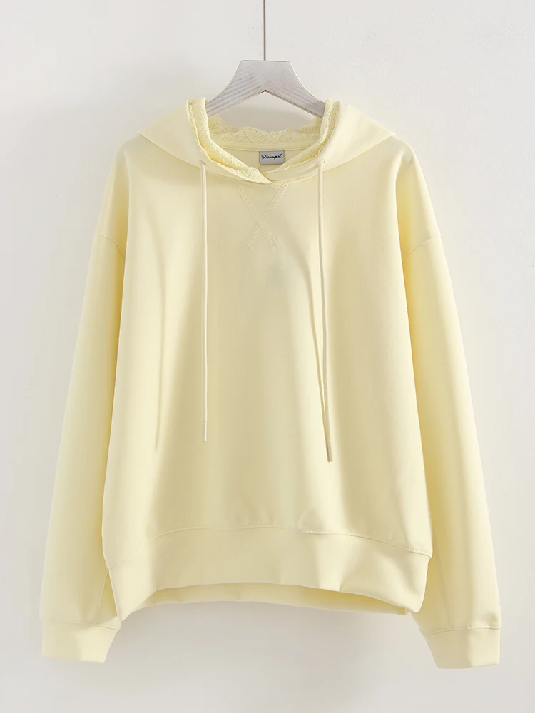 Streamgirl Brown Hoodies With Lace Women Oversize Plain Spring Elegant Butter Yellow Hooded Sweatshirts For Women Oversized