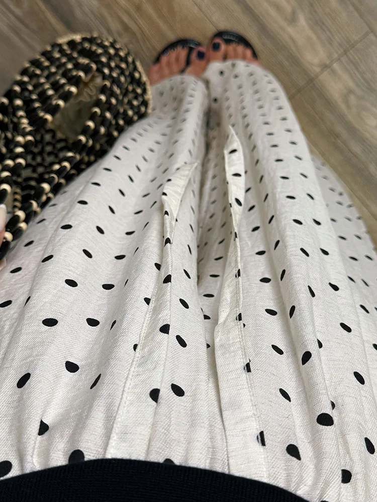 Black Polka Dot Linen Pants Women Wide Leg Summer Trousers Baggy For Ladies White Oversize Cotton Linen Pants Woman Wide