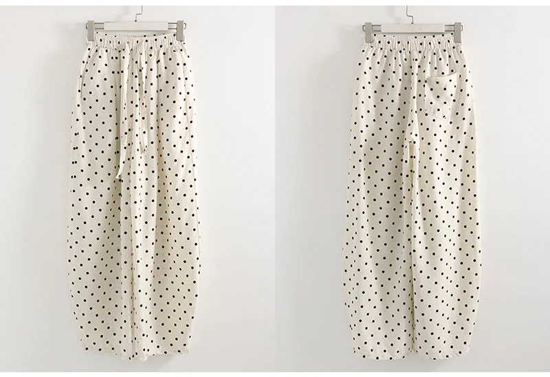 Black Polka Dot Linen Pants Women Wide Leg Summer Trousers Baggy For Ladies White Oversize Cotton Linen Pants Woman Wide