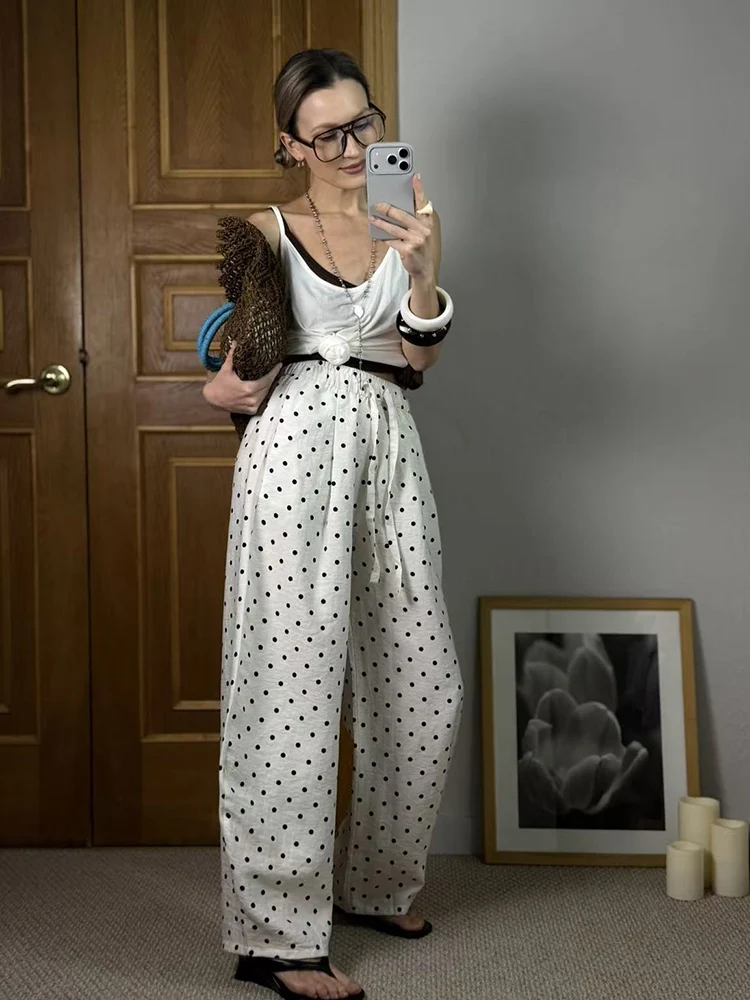 Black Polka Dot Linen Pants Women Wide Leg Summer Trousers Baggy For Ladies White Oversize Cotton Linen Pants Woman Wide