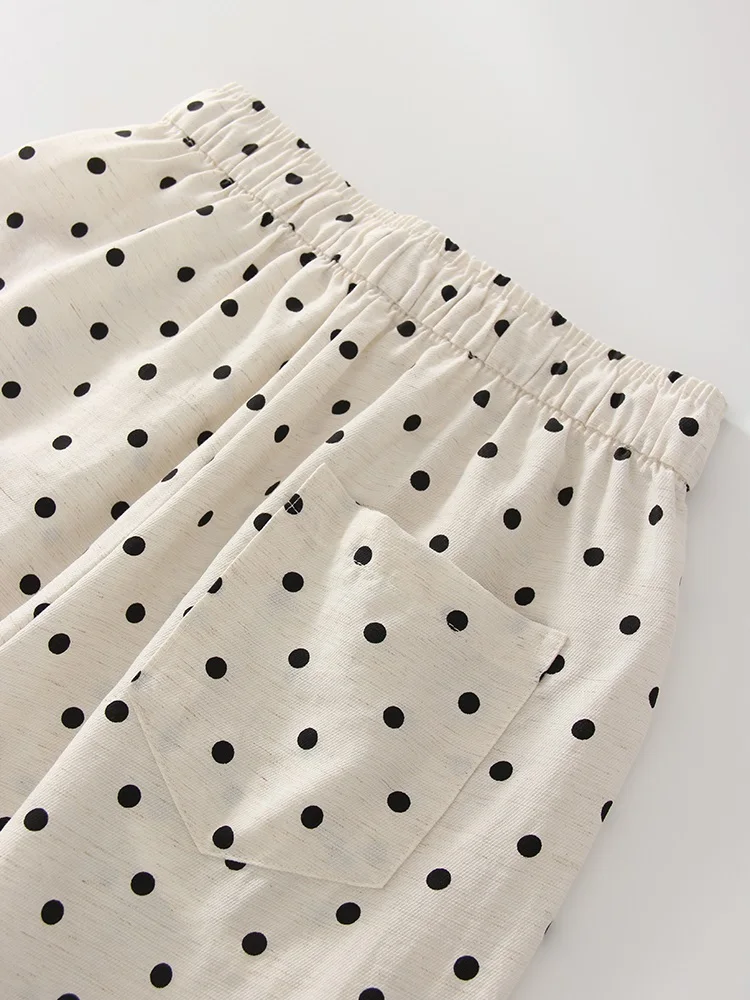 Black Polka Dot Linen Pants Women Wide Leg Summer Trousers Baggy For Ladies White Oversize Cotton Linen Pants Woman Wide