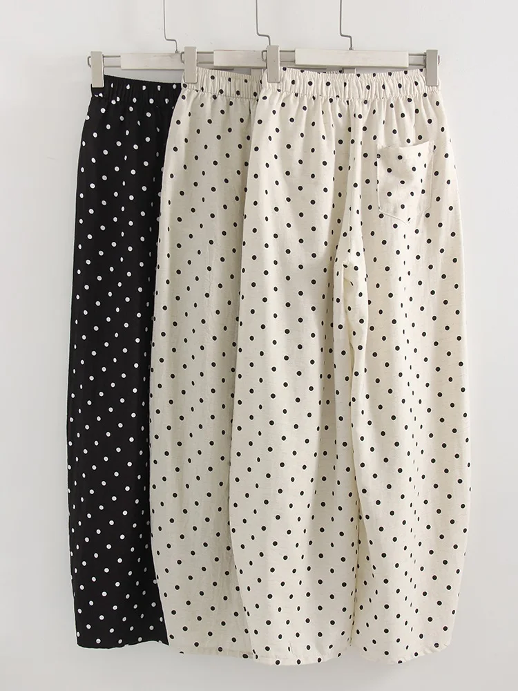 Black Polka Dot Linen Pants Women Wide Leg Summer Trousers Baggy For Ladies White Oversize Cotton Linen Pants Woman Wide