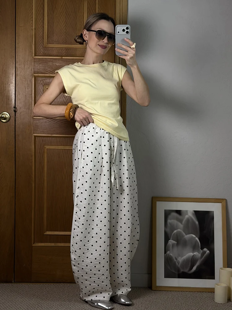 Black Polka Dot Linen Pants Women Wide Leg Summer Trousers Baggy For Ladies White Oversize Cotton Linen Pants Woman Wide