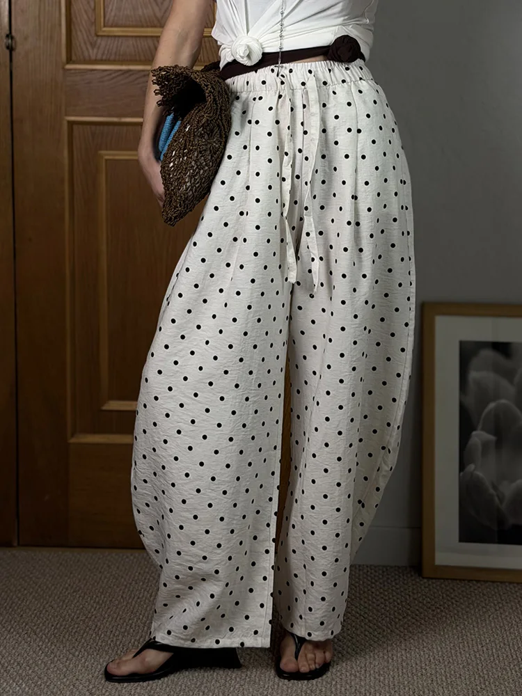 Black Polka Dot Linen Pants Women Wide Leg Summer Trousers Baggy For Ladies White Oversize Cotton Linen Pants Woman Wide