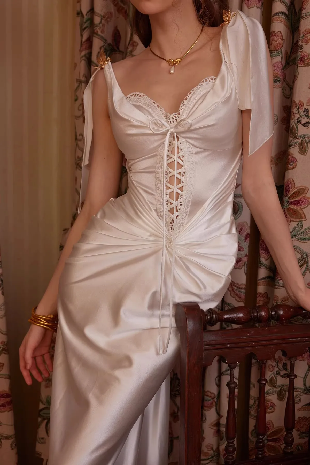 Lacemade Original Pearl White Dress Summer Spaghetti Lace-up Long Trumpet Skirt Romantic Fishbone Knit Slim Dress Vestidos