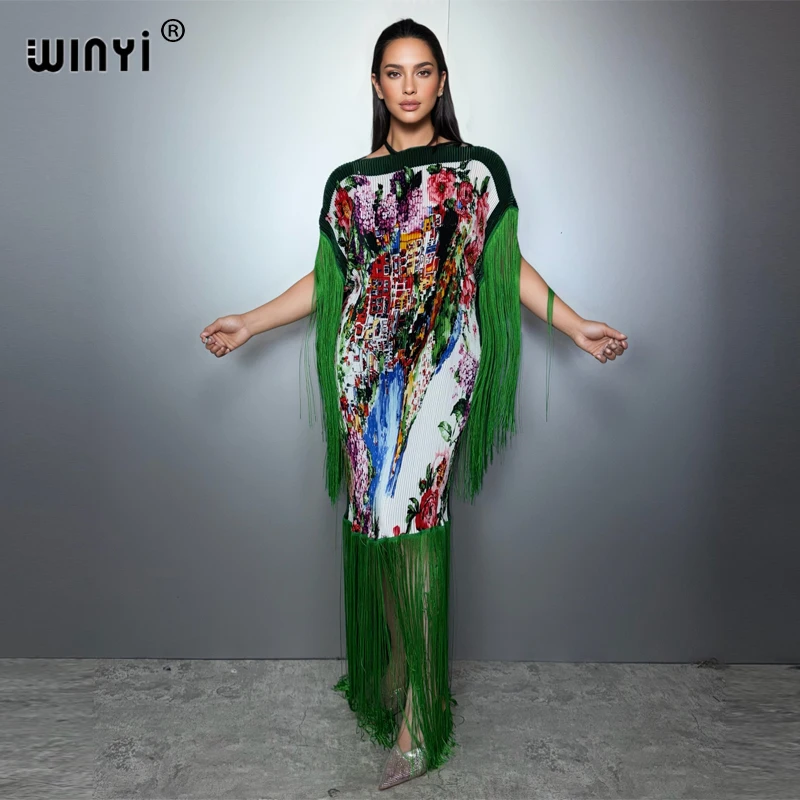 WINYI Summer Pleated Fringed Maxi Dress Women Crumple Design Loose Boho Robe Holiday Fashion Evening Dress Abaya Dubai Luxury