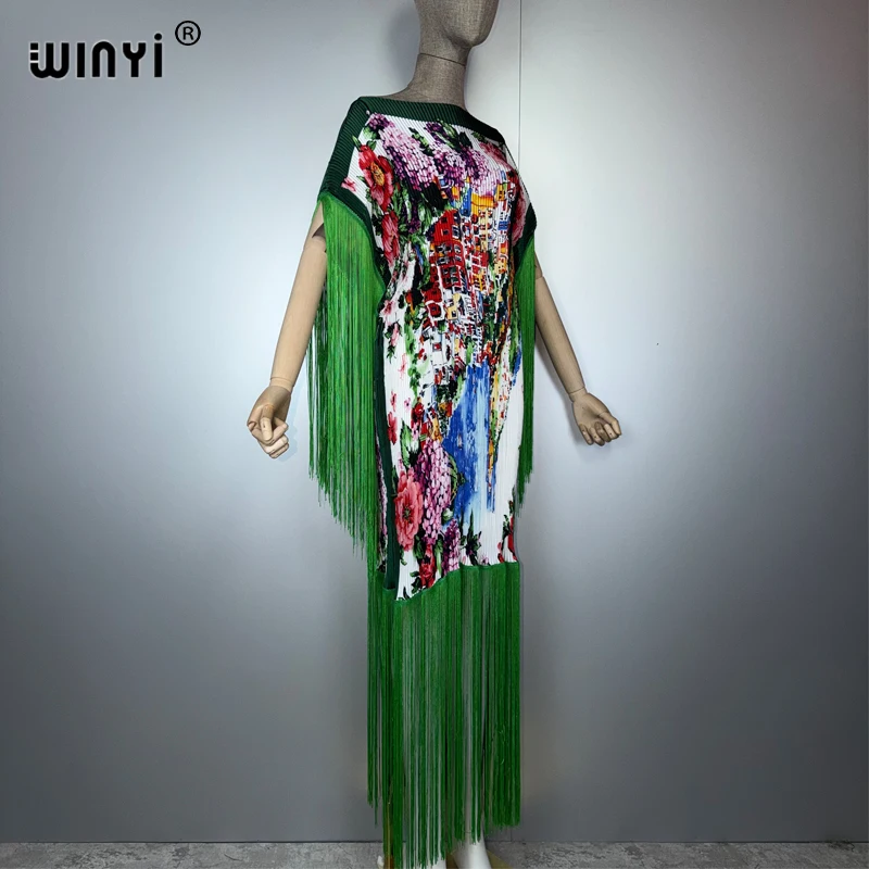 WINYI Summer Pleated Fringed Maxi Dress Women Crumple Design Loose Boho Robe Holiday Fashion Evening Dress Abaya Dubai Luxury