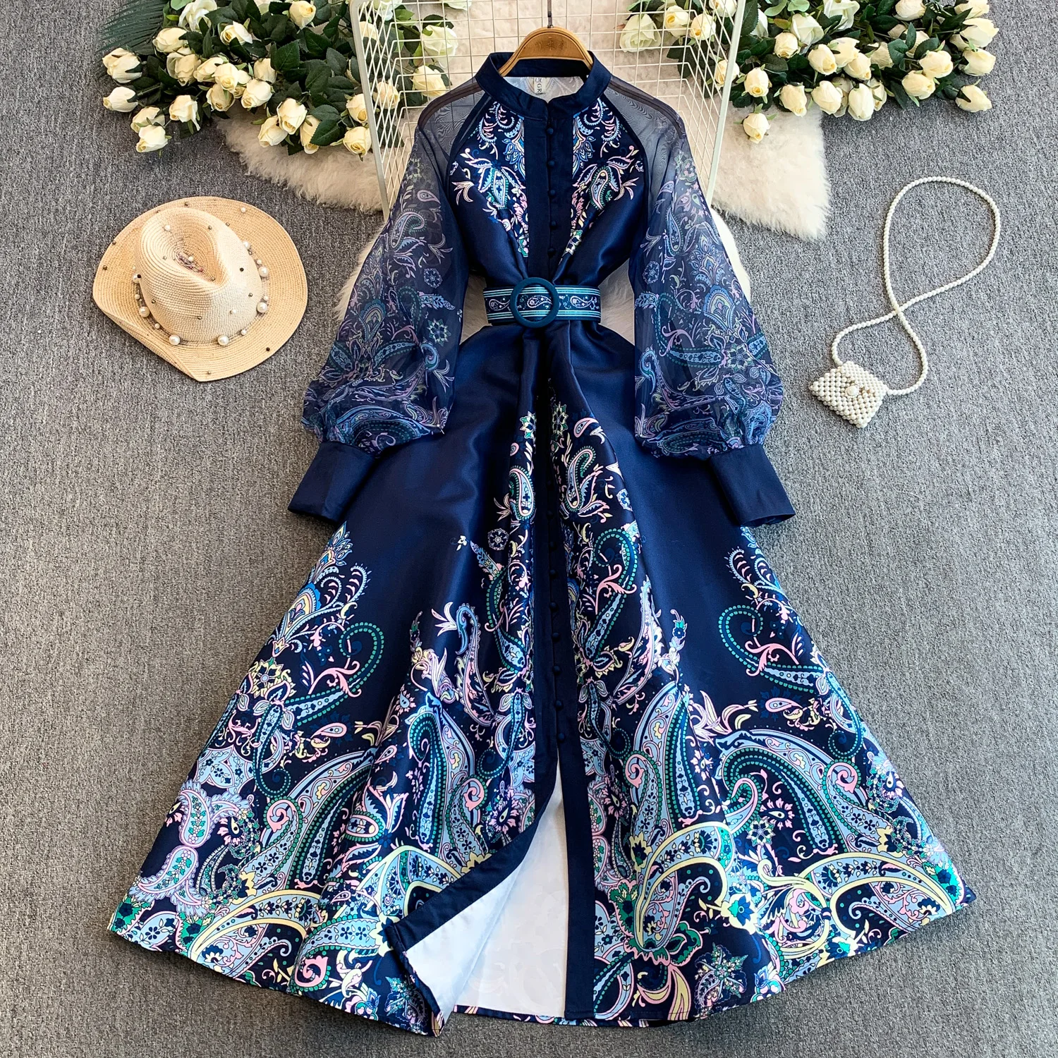 Vintage Dr Women Palace Retro Printing Long Maxi Dress Floral Chiffon Sleeve Elegant Spring Vestidos Wholesale Clothing