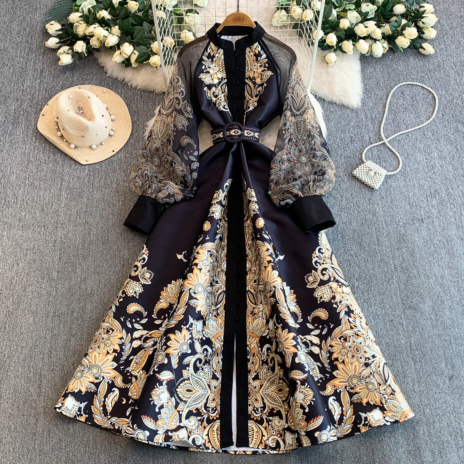 Vintage Dr Women Palace Retro Printing Long Maxi Dress Floral Chiffon Sleeve Elegant Spring Vestidos Wholesale Clothing