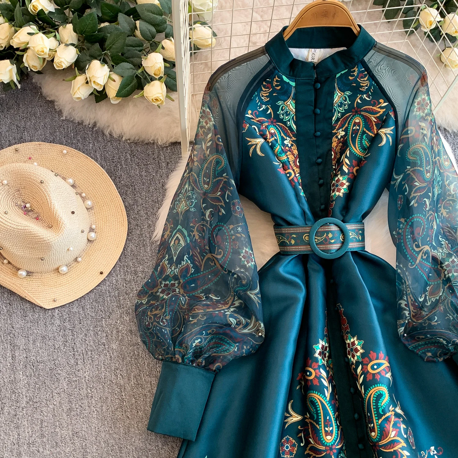 Vintage Dr Women Palace Retro Printing Long Maxi Dress Floral Chiffon Sleeve Elegant Spring Vestidos Wholesale Clothing