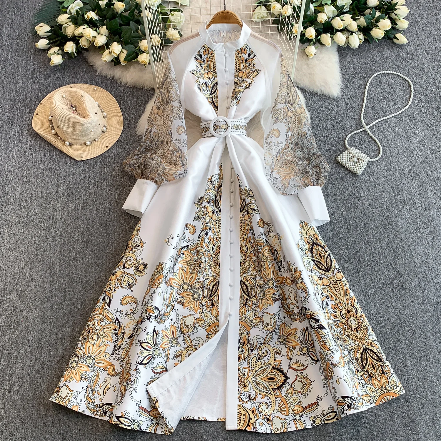 Vintage Dr Women Palace Retro Printing Long Maxi Dress Floral Chiffon Sleeve Elegant Spring Vestidos Wholesale Clothing