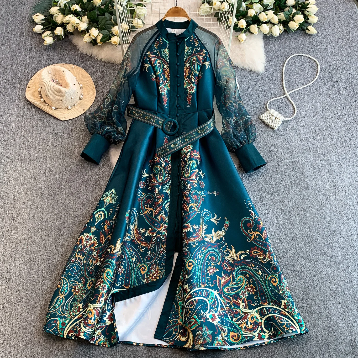Vintage Dr Women Palace Retro Printing Long Maxi Dress Floral Chiffon Sleeve Elegant Spring Vestidos Wholesale Clothing