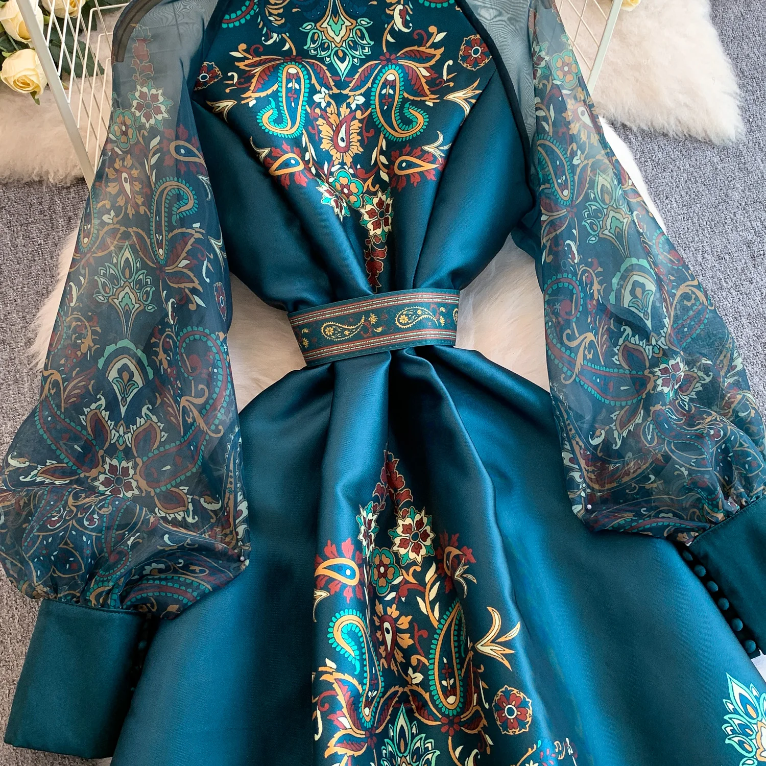 Vintage Dr Women Palace Retro Printing Long Maxi Dress Floral Chiffon Sleeve Elegant Spring Vestidos Wholesale Clothing