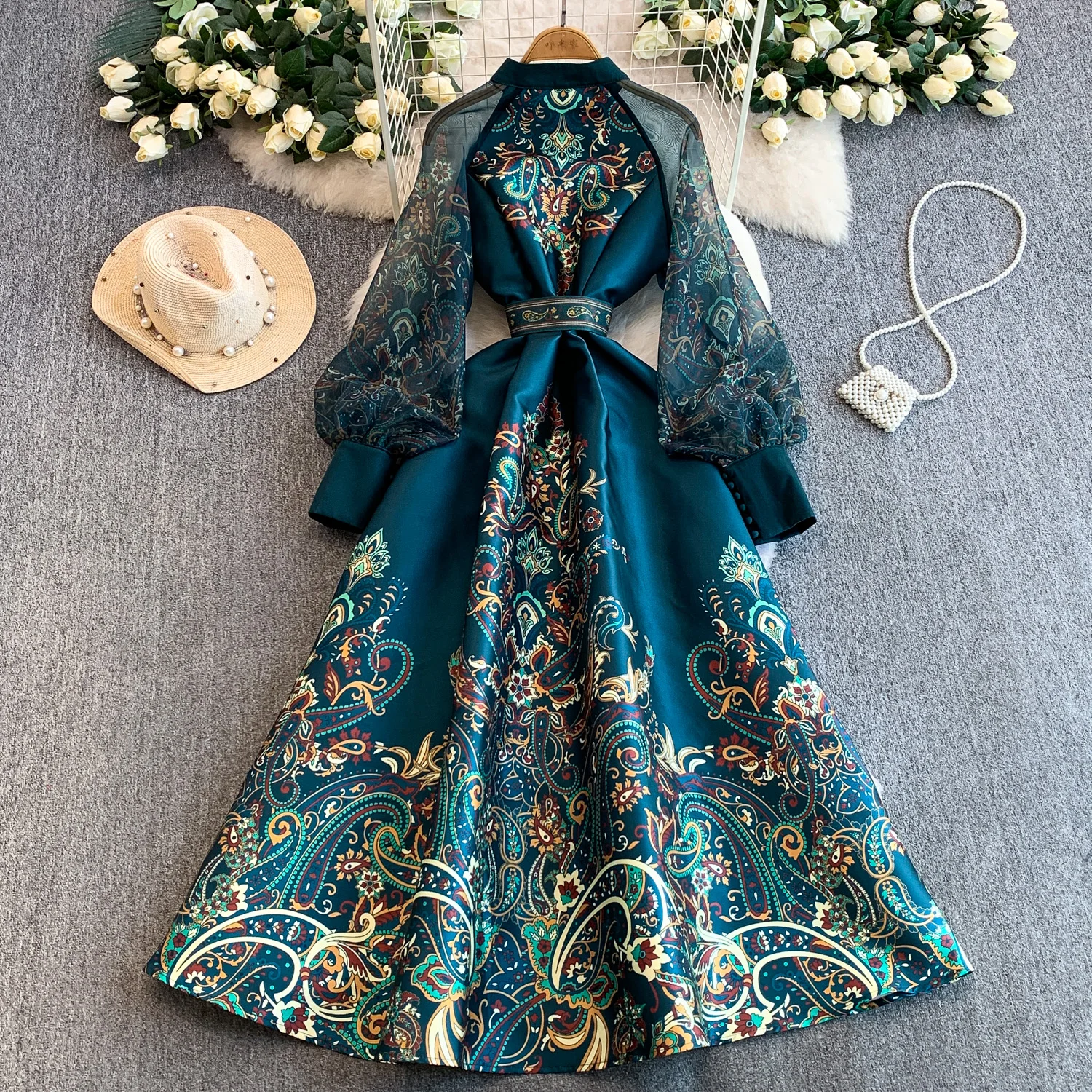 Vintage Dr Women Palace Retro Printing Long Maxi Dress Floral Chiffon Sleeve Elegant Spring Vestidos Wholesale Clothing