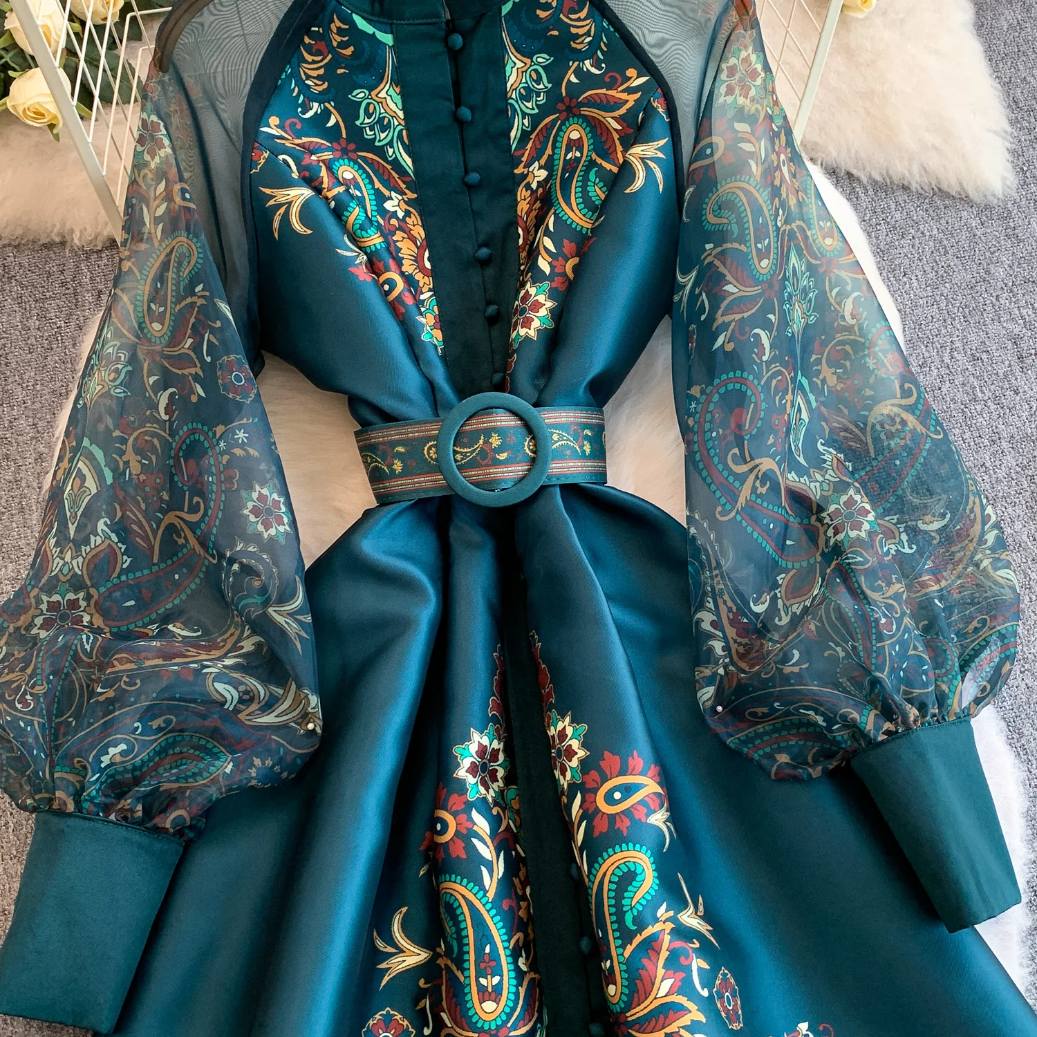 Vintage Dr Women Palace Retro Printing Long Maxi Dress Floral Chiffon Sleeve Elegant Spring Vestidos Wholesale Clothing