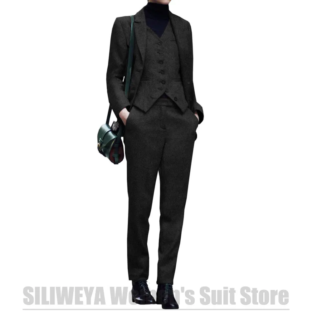 Chic Herringbone Women's Suit 3 Piece Single Breasted Tweed Slim Formal Outfit for Office Daily Casual Suits (Blazer+Vest+Pants)