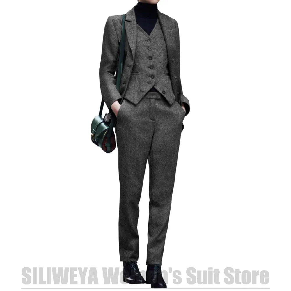 Chic Herringbone Women's Suit 3 Piece Single Breasted Tweed Slim Formal Outfit for Office Daily Casual Suits (Blazer+Vest+Pants)