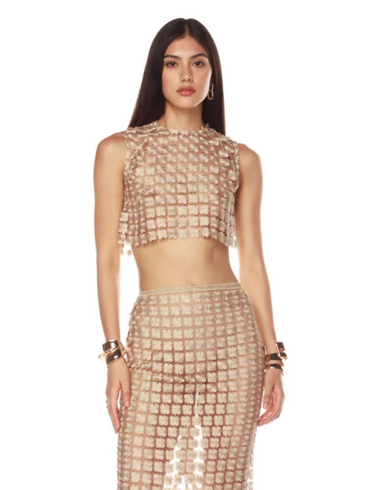 Women Champagne Hollow out Two Piece Set Sexy Sleeveless Short Top + Slim Long Skirt See Through Suits Party Evening Sets
