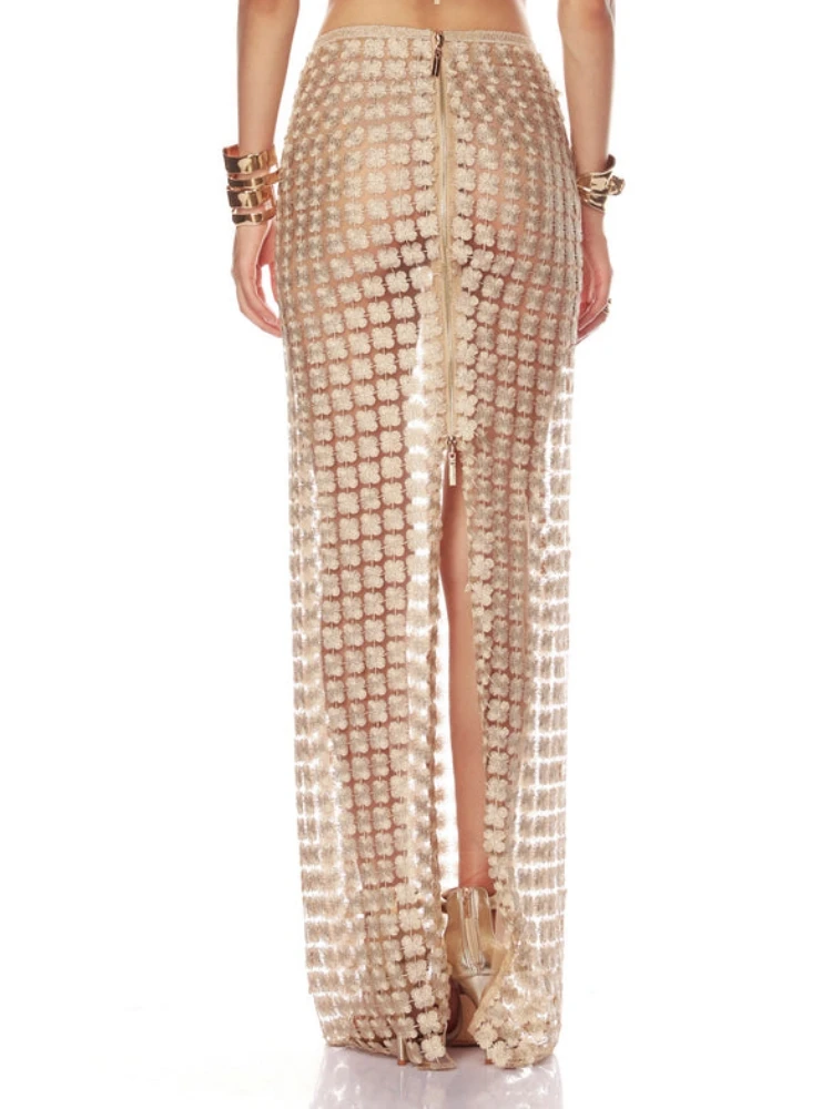 Women Champagne Hollow out Two Piece Set Sexy Sleeveless Short Top + Slim Long Skirt See Through Suits Party Evening Sets