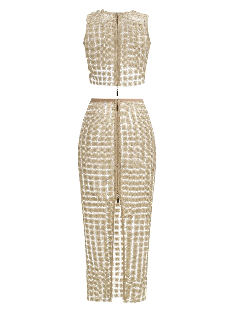 Women Champagne Hollow out Two Piece Set Sexy Sleeveless Short Top + Slim Long Skirt See Through Suits Party Evening Sets