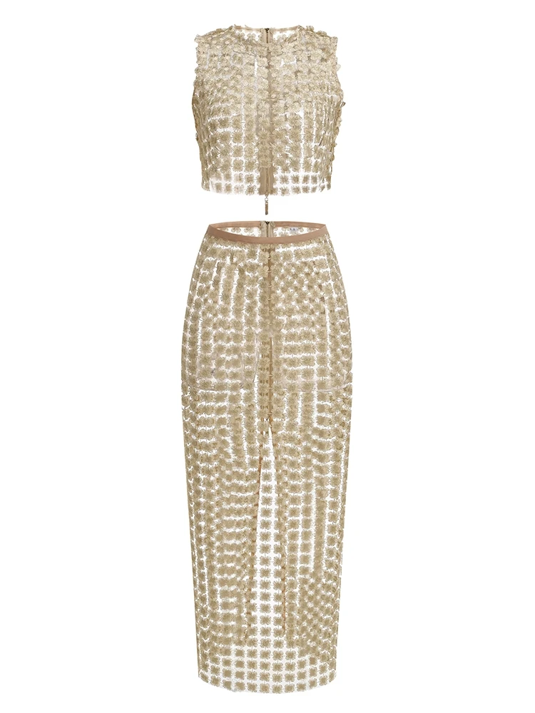 Women Champagne Hollow out Two Piece Set Sexy Sleeveless Short Top + Slim Long Skirt See Through Suits Party Evening Sets