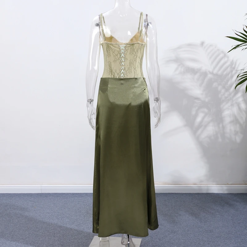 Elegant Women Summer Party Dresses Sets 2 Pieces Lace High Waist Lace Up Spaghetti Strap Tops Satin Zipper Party Skirt Outfits
