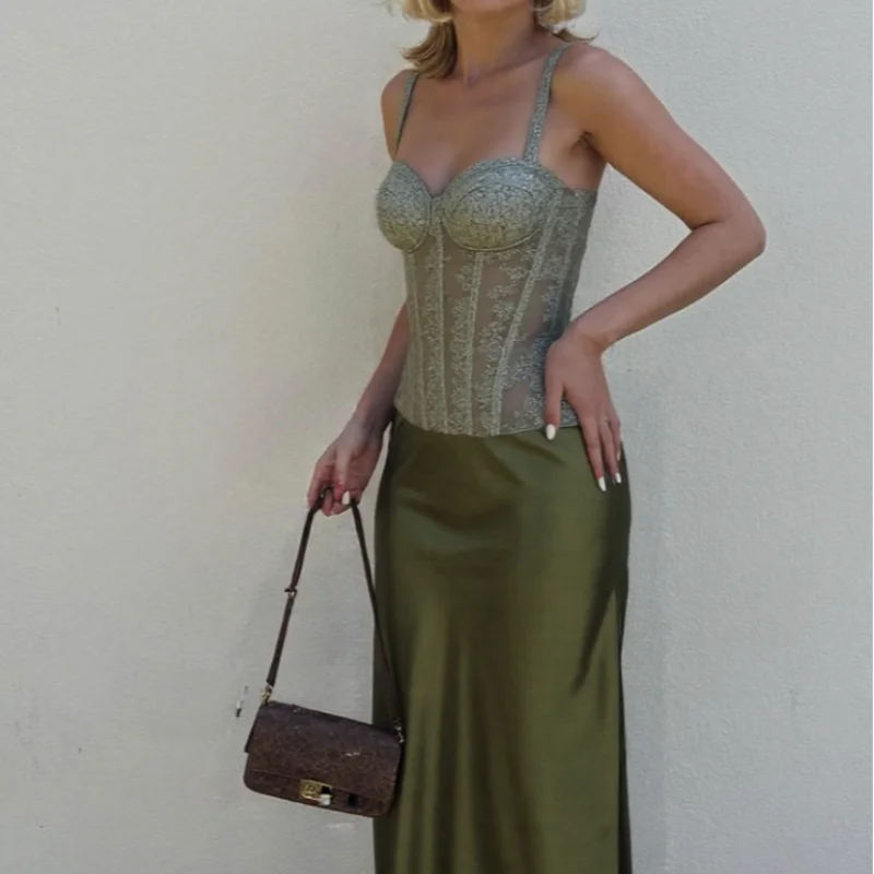 Elegant Women Summer Party Dresses Sets 2 Pieces Lace High Waist Lace Up Spaghetti Strap Tops Satin Zipper Party Skirt Outfits