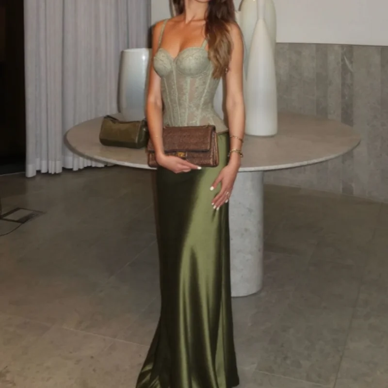 Elegant Women Summer Party Dresses Sets 2 Pieces Lace High Waist Lace Up Spaghetti Strap Tops Satin Zipper Party Skirt Outfits