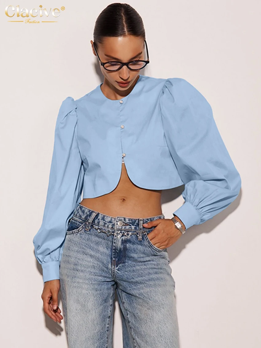 Clacive Fashion Slim White Cotton Women's Shirt 2025 Elegant O-Neck Long Sleeve Shirts Streetwear Solid Crop Top Female Clothing