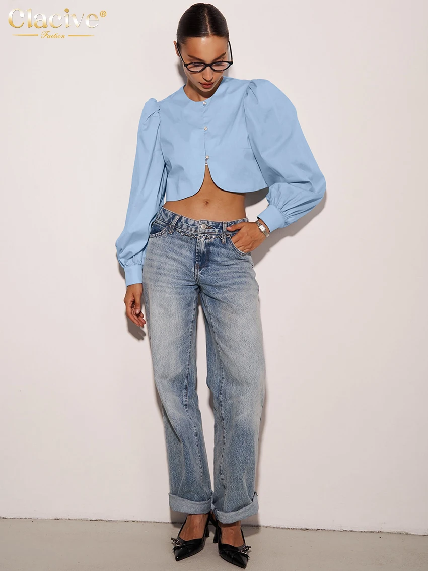 Clacive Fashion Slim White Cotton Women's Shirt 2025 Elegant O-Neck Long Sleeve Shirts Streetwear Solid Crop Top Female Clothing