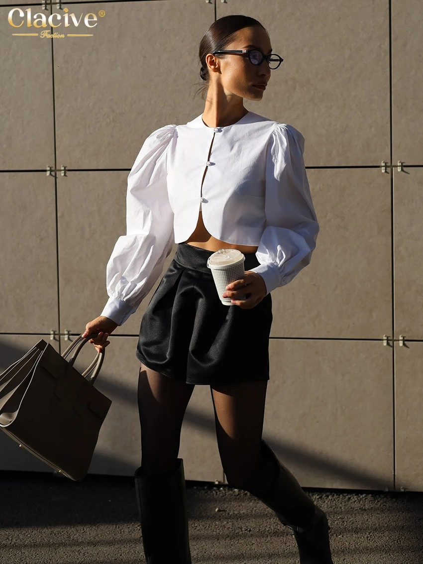 Clacive Fashion Slim White Cotton Women's Shirt 2025 Elegant O-Neck Long Sleeve Shirts Streetwear Solid Crop Top Female Clothing