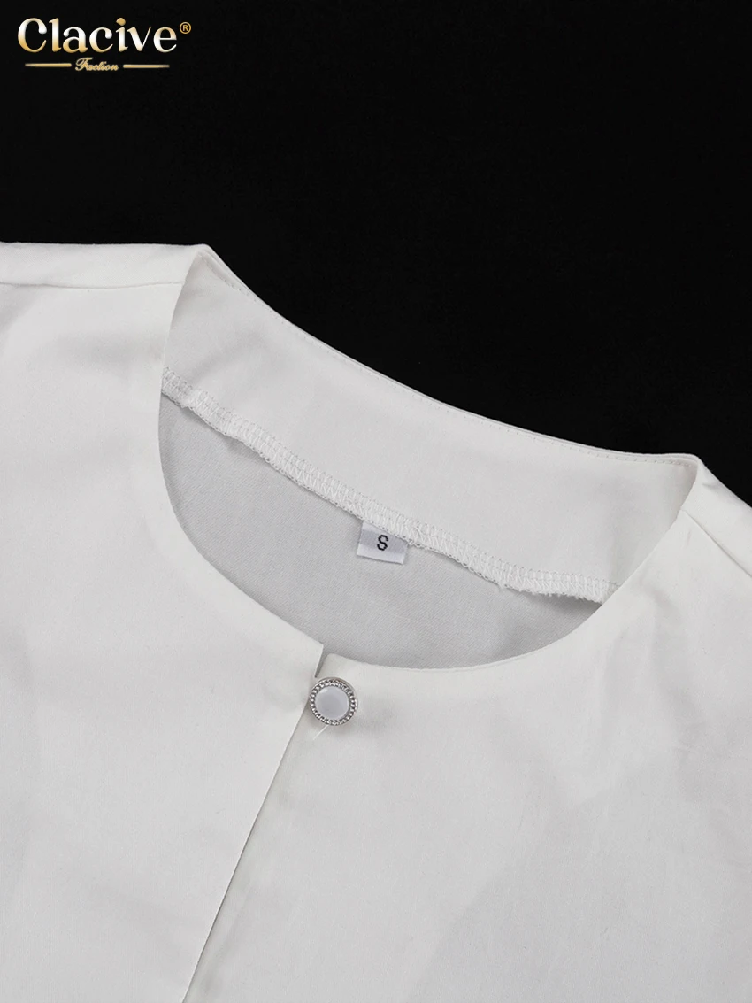 Clacive Fashion Slim White Cotton Women's Shirt 2025 Elegant O-Neck Long Sleeve Shirts Streetwear Solid Crop Top Female Clothing