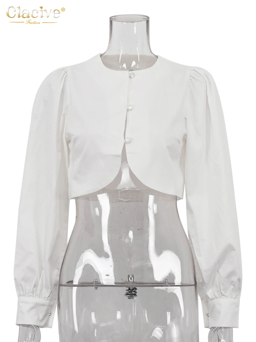 Clacive Fashion Slim White Cotton Women's Shirt 2025 Elegant O-Neck Long Sleeve Shirts Streetwear Solid Crop Top Female Clothing