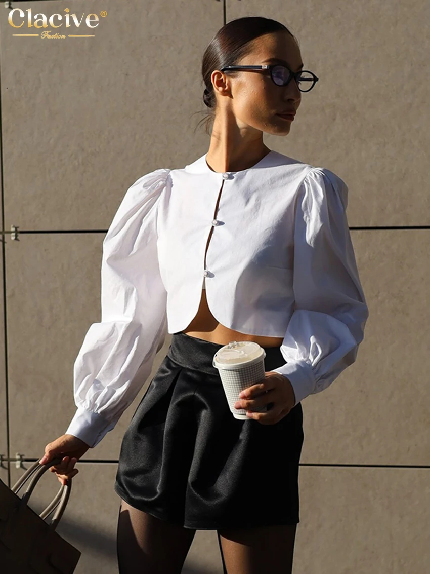Clacive Fashion Slim White Cotton Women's Shirt 2025 Elegant O-Neck Long Sleeve Shirts Streetwear Solid Crop Top Female Clothing