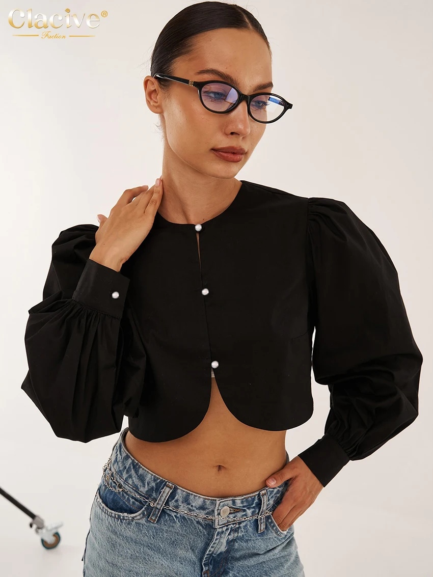 Clacive Fashion Slim White Cotton Women's Shirt 2025 Elegant O-Neck Long Sleeve Shirts Streetwear Solid Crop Top Female Clothing