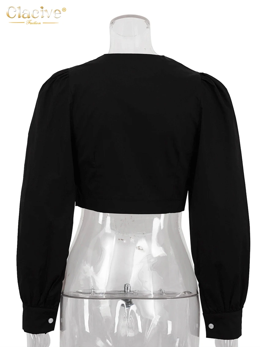 Clacive Fashion Slim White Cotton Women's Shirt 2025 Elegant O-Neck Long Sleeve Shirts Streetwear Solid Crop Top Female Clothing