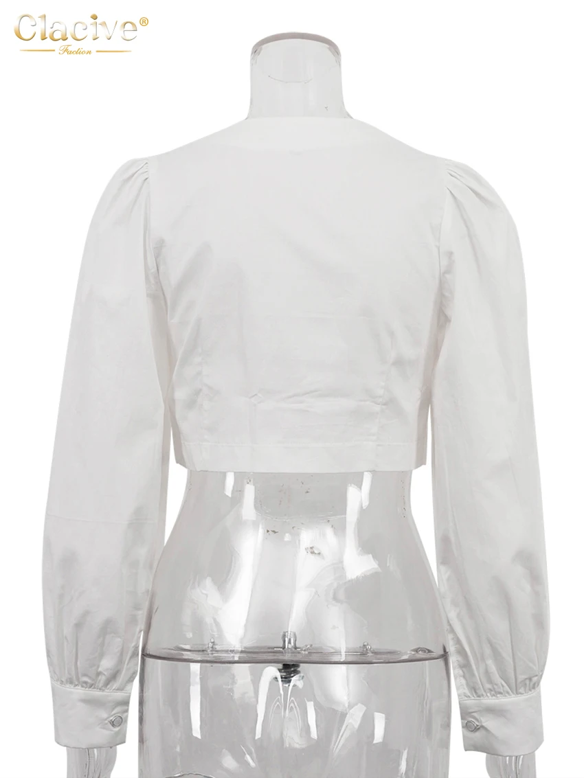 Clacive Fashion Slim White Cotton Women's Shirt 2025 Elegant O-Neck Long Sleeve Shirts Streetwear Solid Crop Top Female Clothing