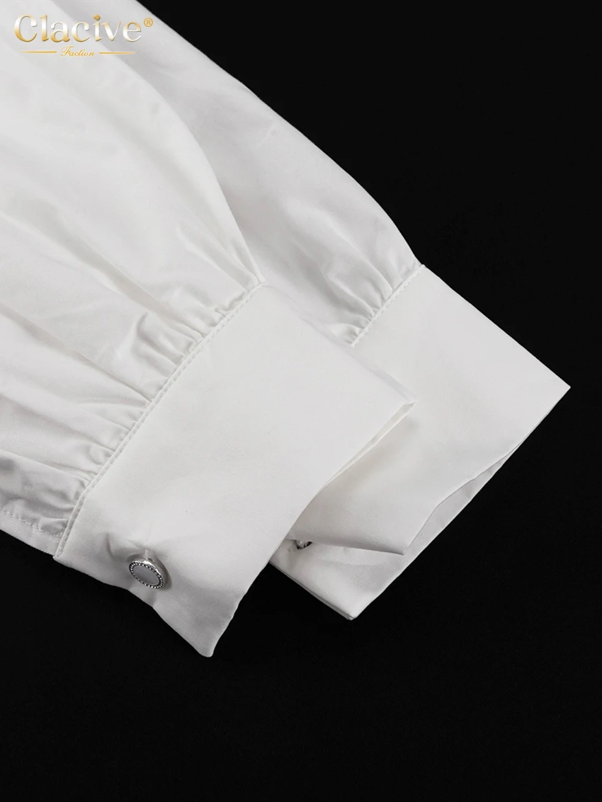Clacive Fashion Slim White Cotton Women's Shirt 2025 Elegant O-Neck Long Sleeve Shirts Streetwear Solid Crop Top Female Clothing