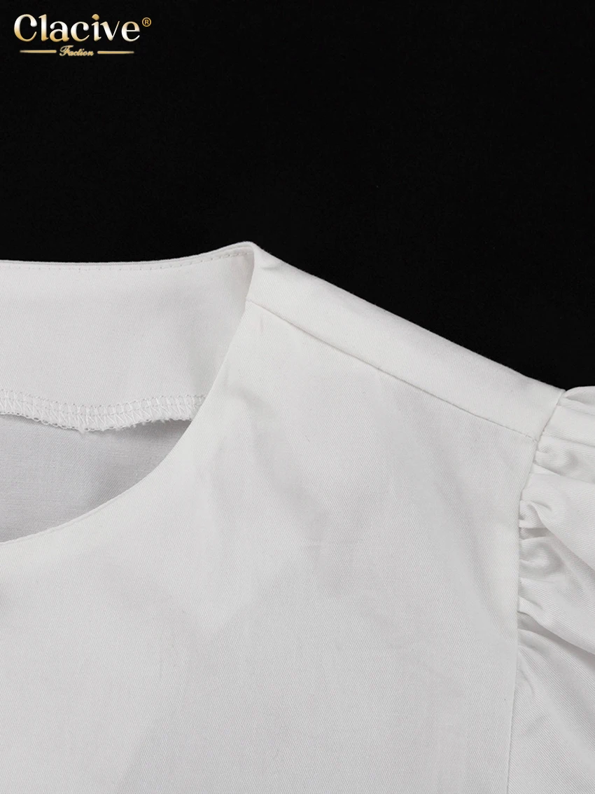 Clacive Fashion Slim White Cotton Women's Shirt 2025 Elegant O-Neck Long Sleeve Shirts Streetwear Solid Crop Top Female Clothing