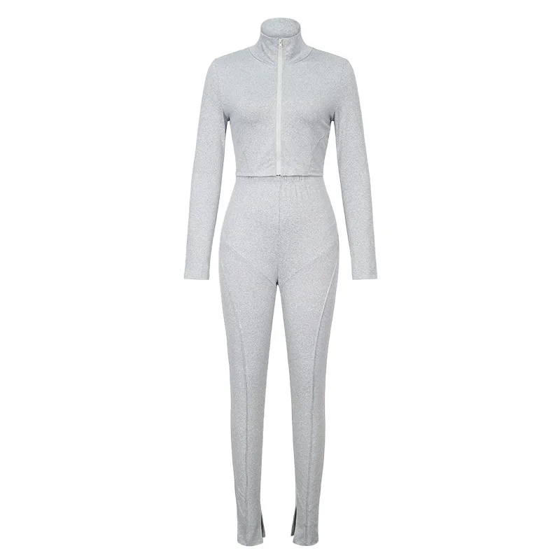 2025 Autumn Women Solid Gray 2 Piece Set Tracksuits Stand Collar Long Sleeve Zipper Crop Top + High Waist Slit Pencil Pants Suit