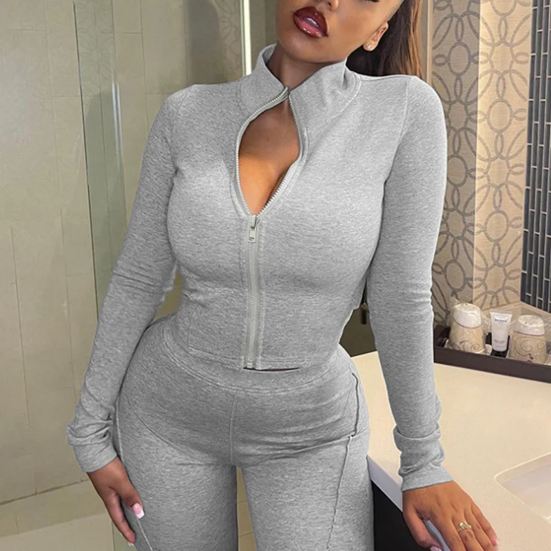 2025 Autumn Women Solid Gray 2 Piece Set Tracksuits Stand Collar Long Sleeve Zipper Crop Top + High Waist Slit Pencil Pants Suit