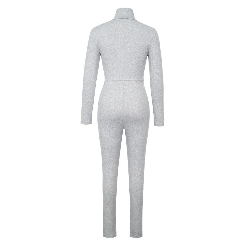 2025 Autumn Women Solid Gray 2 Piece Set Tracksuits Stand Collar Long Sleeve Zipper Crop Top + High Waist Slit Pencil Pants Suit