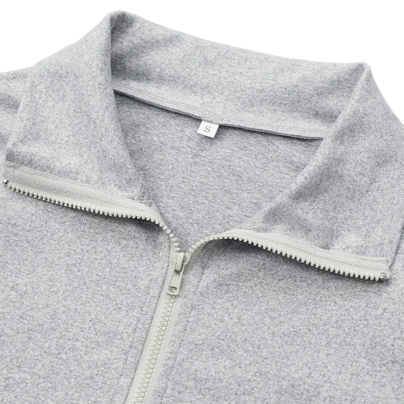 2025 Autumn Women Solid Gray 2 Piece Set Tracksuits Stand Collar Long Sleeve Zipper Crop Top + High Waist Slit Pencil Pants Suit