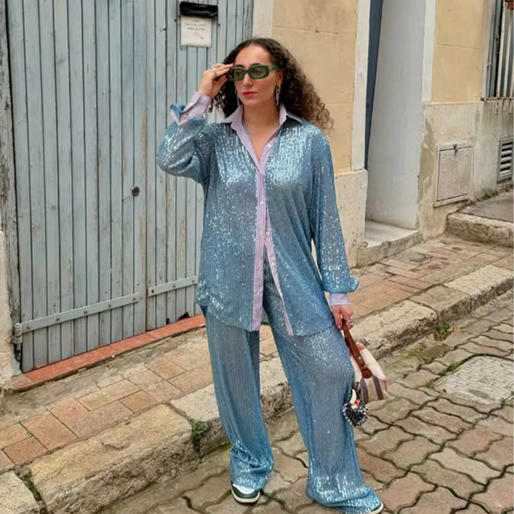 New Style Women's Suit Loose Casual Sequin Patchwork Long Sleeve Shirt Shorts Pants Set Fashion Women 2025 New BAP7