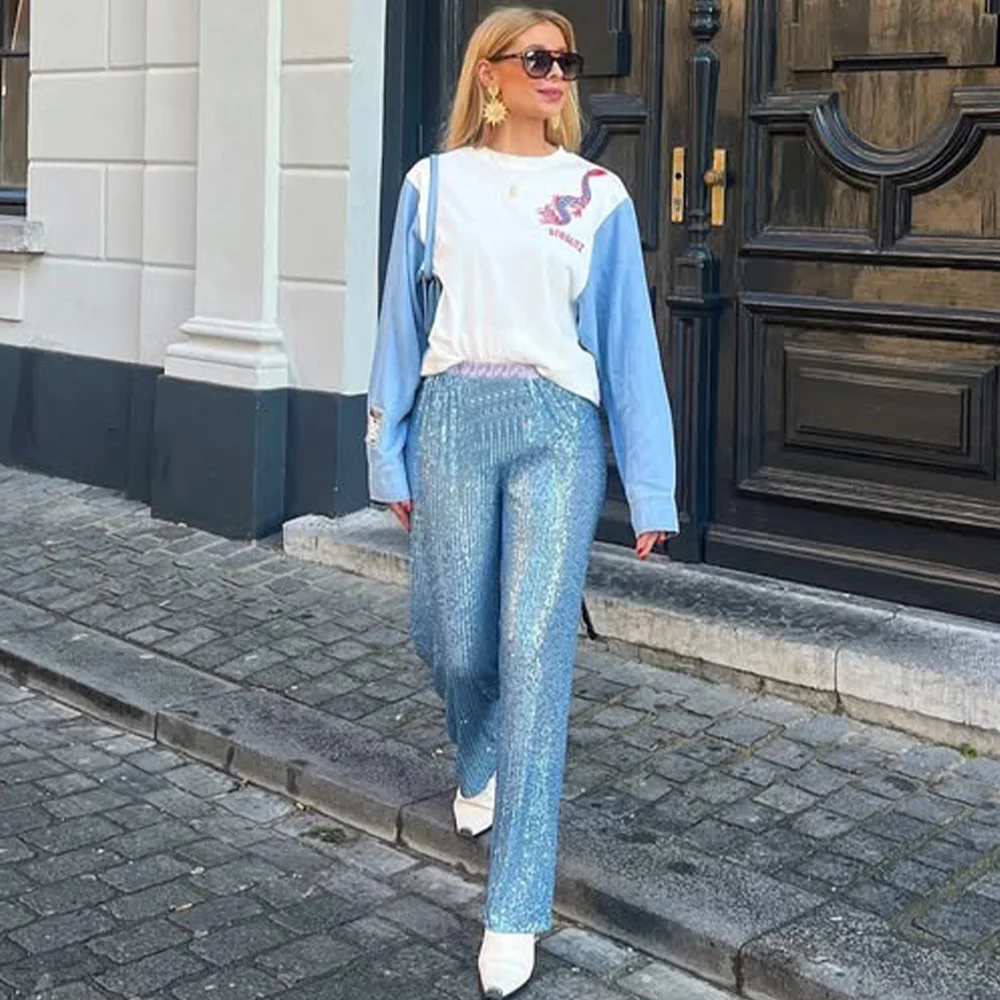 New Style Women's Suit Loose Casual Sequin Patchwork Long Sleeve Shirt Shorts Pants Set Fashion Women 2025 New BAP7