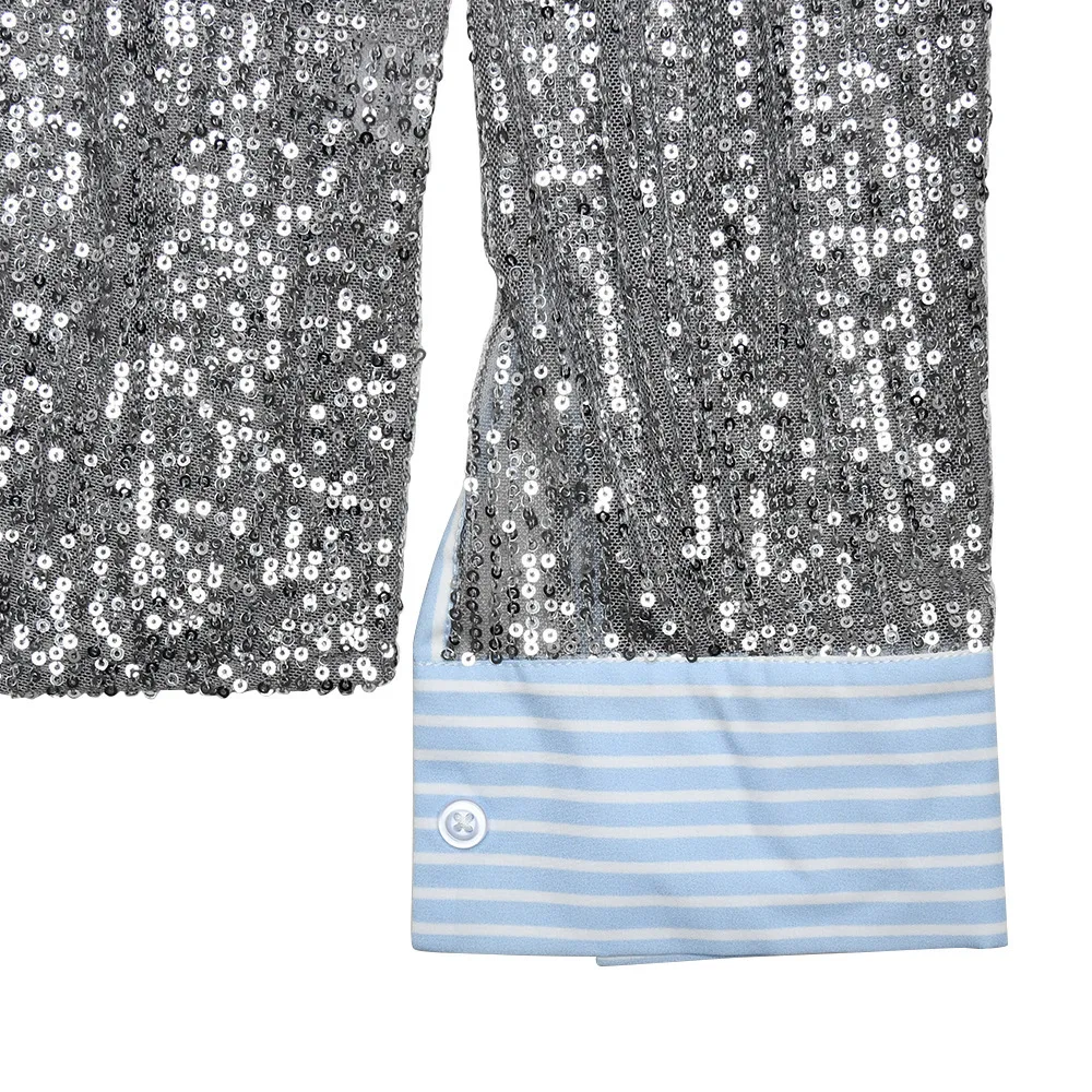 New Style Women's Suit Loose Casual Sequin Patchwork Long Sleeve Shirt Shorts Pants Set Fashion Women 2025 New BAP7