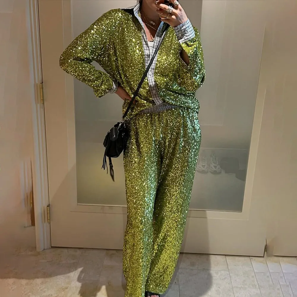 New Style Women's Suit Loose Casual Sequin Patchwork Long Sleeve Shirt Shorts Pants Set Fashion Women 2025 New BAP7