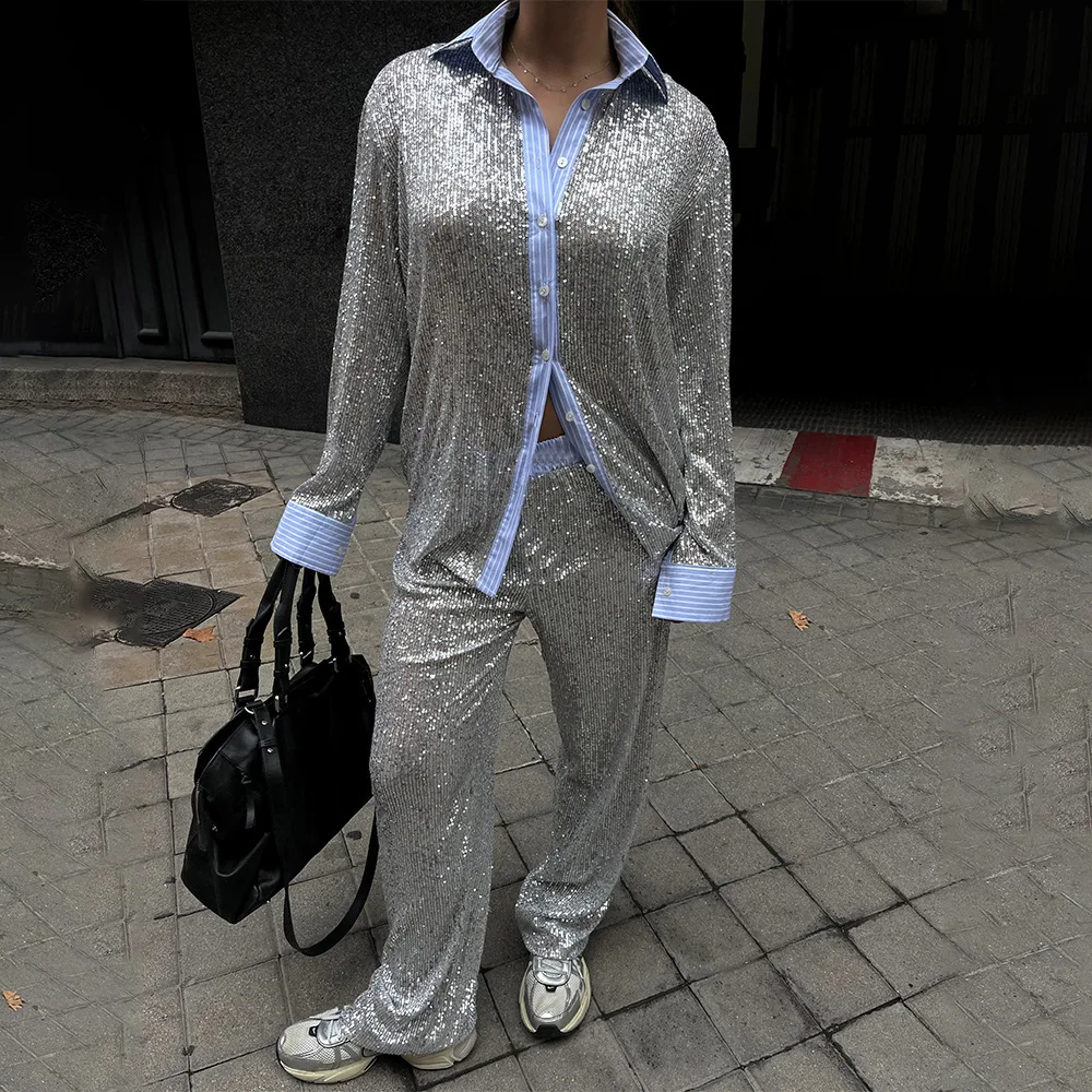 New Style Women's Suit Loose Casual Sequin Patchwork Long Sleeve Shirt Shorts Pants Set Fashion Women 2025 New BAP7