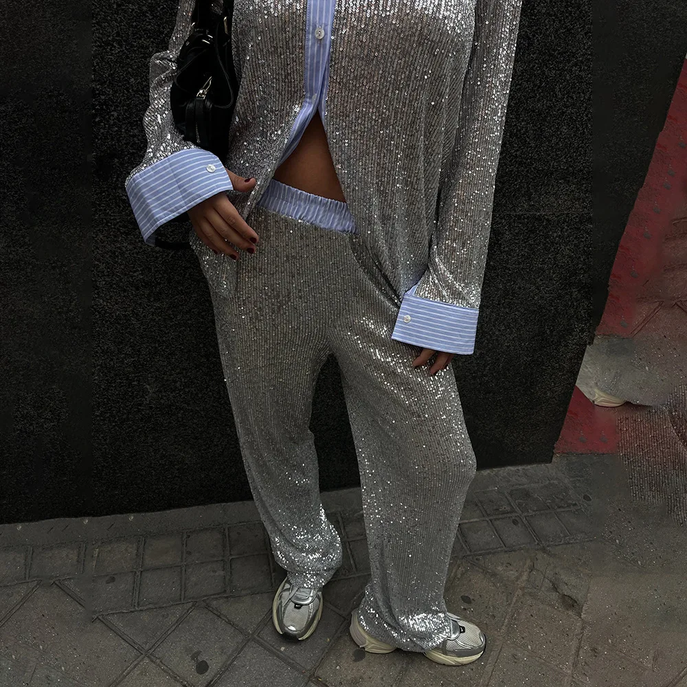 New Style Women's Suit Loose Casual Sequin Patchwork Long Sleeve Shirt Shorts Pants Set Fashion Women 2025 New BAP7